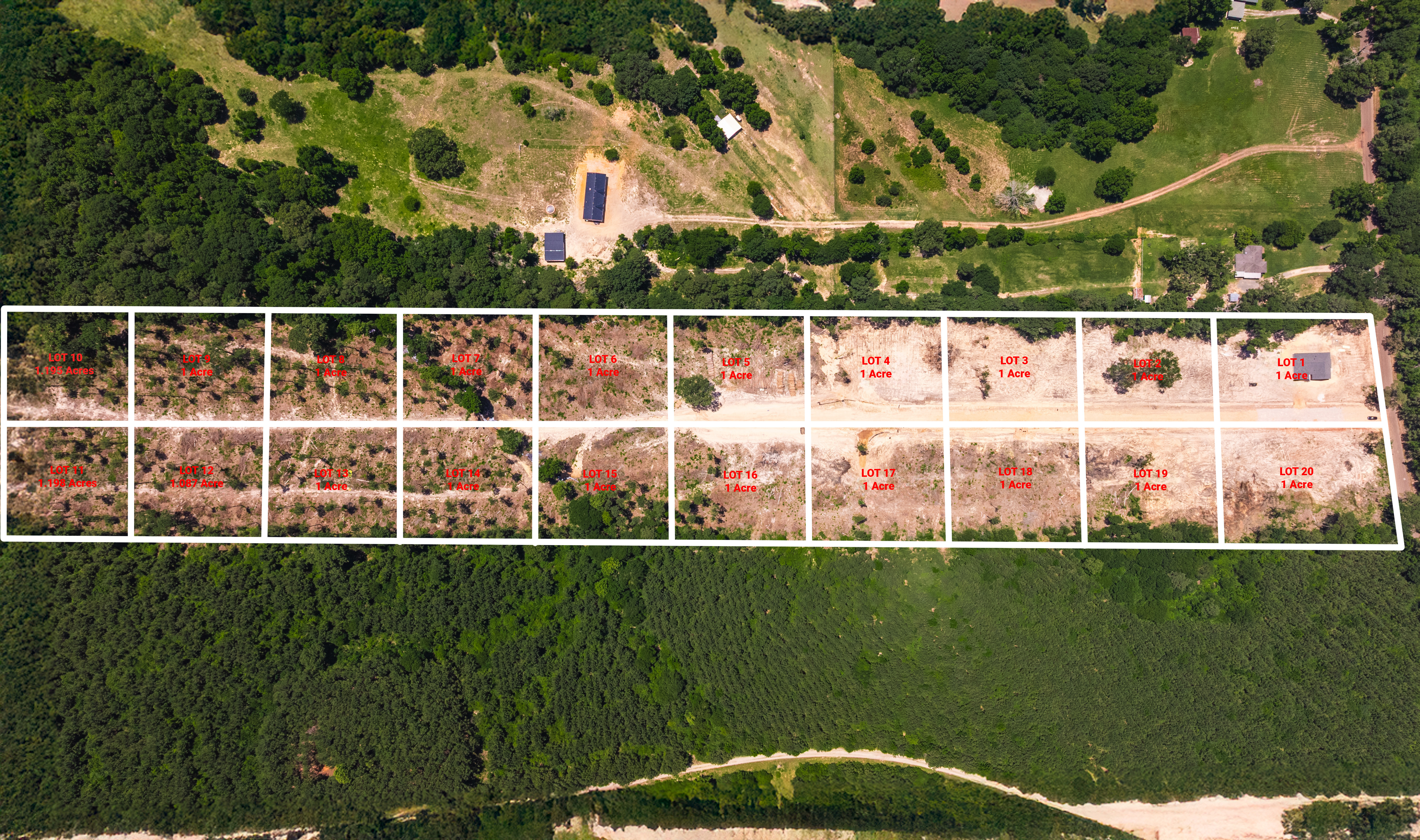 An aerial view with marked lots of the new Timber Crossing subdivision in Garrison, Texas.