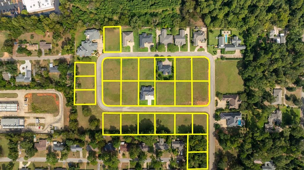 Ready-to-built lots are plotted on aerial view of Raguet Reserve subdivision in Nacogdoches, Texas